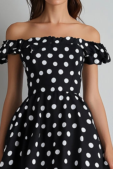 Black Off The Shoulder A Line White Polka Dots Dress